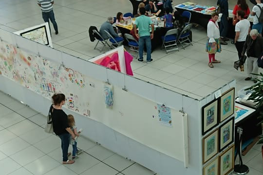 The far side of the Fantabulosa exhibition wall. On this wall is the Dandies’ five metre long, collaborative drawing of the Pride parade annual celebrations.