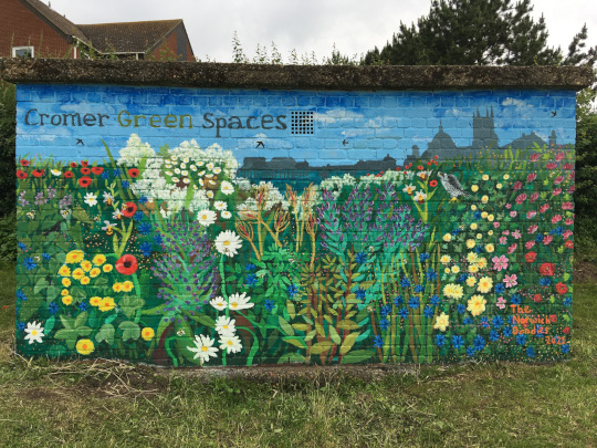 The main side of the building. It has wild flowers in the front and the skyline of Cromer in the background (including the pier and Cromer Church).