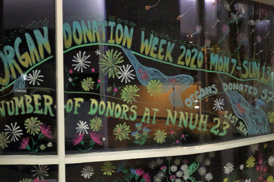 A wide image of three large painted windows. The window in the middle reads 'Organ Donation Week 2020'.