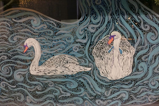 Two swans in a river that flows across a large window of the Norfolk and Norwich University Hospital. The mural is drawn with chalk pen.