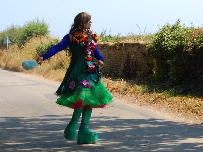 Putinca, our Russian Drag Queen, walking on a country lane near Barrington Farm.